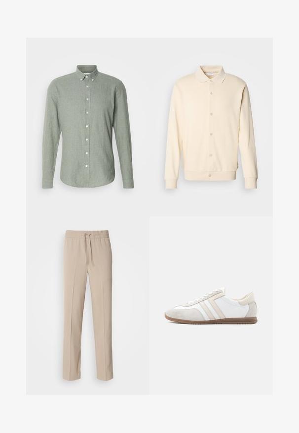 Krémová button-up mikina s dlhými rukávmi, golierom a ribovanými manžetami. Hladká textúra, minimalistický dizajn.; Svetlozelená dlhá rukávová košeľa na gombíky, vyrobená z textúrovaného materiálu, s golierom, plným gombíkovým zapínaním a zaobleným lemom.; Béžové nohavice vo voľnom strihu vyrobené z mäkkej tkaniny, s elastickým pásom a šnúrkou, rovné nohavice s minimálnymi akcentami.; Nízky biely a béžový tenisky s semišovými akcentmi, so šnurovaním a hnedej gumovej podrážke, zobrazené z bočného pohľadu na jednoduchom pozadí.