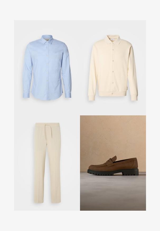 Sweatshirt boutonnière couleur crème avec manches longues, col classique et poignets côtelés. Texture lisse, design minimaliste.; Chemise à manches longues bleu clair en coton, dotée d'un col boutonné, de boutons sur le devant et d'un logo brodé subtilement sur la poitrine.; Pantalons beiges à taille élastique avec cordon de serrage. Comprend des jambes droites et une texture lisse, adaptés pour un usage décontracté ou pour se détendre.; Mocassin en cuir marron foncé avec semelle épaisse en caoutchouc noir présenté au-dessus d’un tapis beige et d’un canapé en arrière-plan.