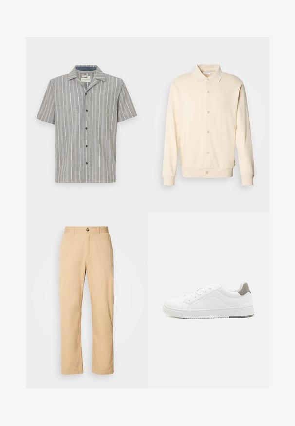 Cremefarvet button-up sweatshirt med lange ærmer, kravehals og ribbede manchetter. Glat tekstur, minimalistisk design.; Kortærmet skjorte i lysegrå med hvide lodrette striber. Har en knapfront og en klassisk krave. Lavet af letvægtsstof.; Khaki bomuldsbukser med lige ben-design, der har en frontknaplukning og bæltestropper. Glat tekstur og ensartet overflade.; Hvid sneaker lavet af glat læder, rund tå, minimalistisk design, grå hælafsats og tekstureret gummisål.
