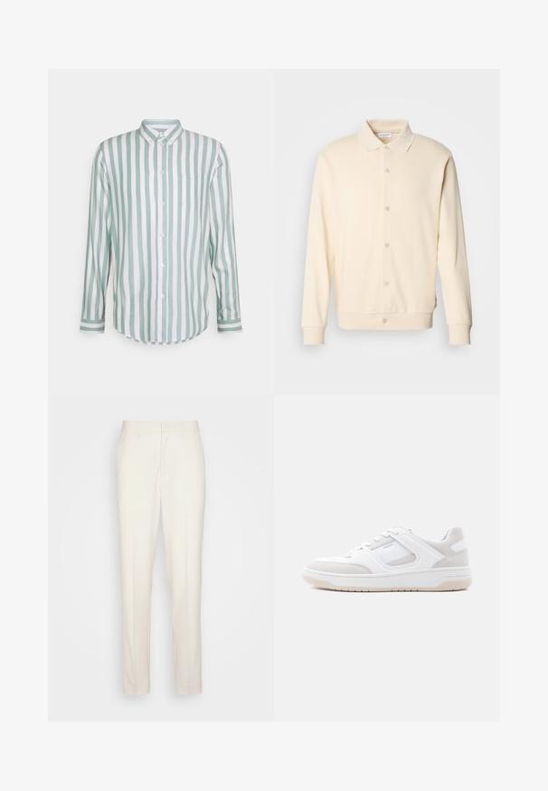 Sweatshirt boutonnière couleur crème avec manches longues, col classique et poignets côtelés. Texture lisse, design minimaliste.; Chemise en coton à manches longues avec des rayures verticales vert menthe et blanches, fermeture à boutons, col, poche poitrine simple et ourlet incurvé.; Pantalons sur mesure de couleur crème avec une coupe droite, fabriqués en tissu texturé. Dotés de passants de ceinture et d'une fermeture à glissière à l'avant.; Baskets basses blanches et beige clair avec fermeture à lacets, col matelassé et semelle en caoutchouc sur un fond clair uni.