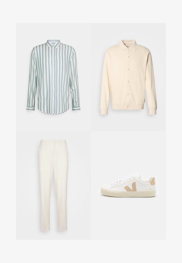 Sweatshirt boutonnière couleur crème avec manches longues, col classique et poignets côtelés. Texture lisse, design minimaliste.; Chemise en coton à manches longues avec des rayures verticales vert menthe et blanches, fermeture à boutons, col, poche poitrine simple et ourlet incurvé.; Pantalons sur mesure de couleur crème avec une coupe droite, fabriqués en tissu texturé. Dotés de passants de ceinture et d'une fermeture à glissière à l'avant.; Baskets blanches avec des accents beiges, en cuir lisse, bout rond, semelle en caoutchouc plate, et laçage à l'avant avec un logo au talon.