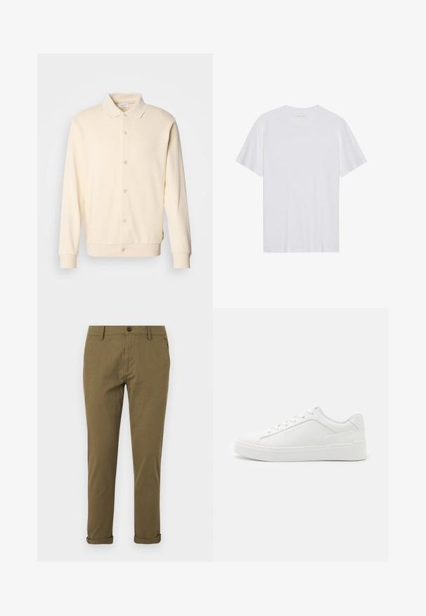 Crème-kleurige overhemdtrui met lange mouwen, een kraag en geribbelde manchetten. Gladde textuur, minimalistisch ontwerp.; Witte katoenen T-shirt met korte mouwen, een ronde hals en een gladde textuur. Heeft minimale branding op de halslijn.; Slanke kaki chino voor heren met ceintuurlussen, knoopsluiting, zijzakken en opgerolde pijpzomen op een witte achtergrond.; Witte lage sneakers van glad leer, met een ronde neus, platte zolen en subtiele branding aan de zijkant.