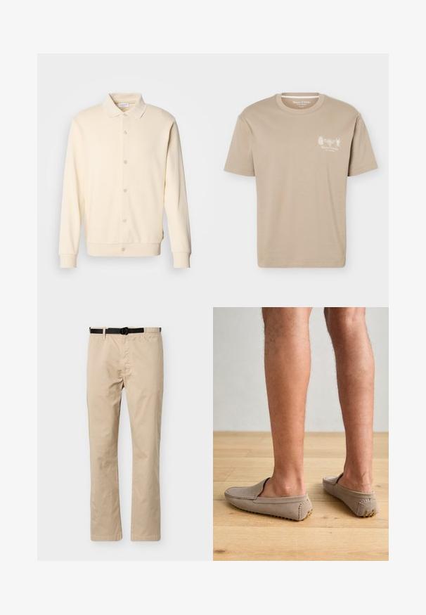 Sweatshirt boutonnière couleur crème avec manches longues, col classique et poignets côtelés. Texture lisse, design minimaliste.; T-shirt beige à manches courtes avec col rond, présentant de petits motifs d'insectes et le logo "Marc O'Polo" sur la poitrine gauche.; Pantalon beige à jambes droites avec ceinture noire ajustable, taille élastique d'un côté et couture décorative à l'avant.; Chaussures confortables en daim beige, à enfiler, avec un bout arrondi et des coutures décoratives, dotées de semelles en caoutchouc texturé avec de petits accents dorés.