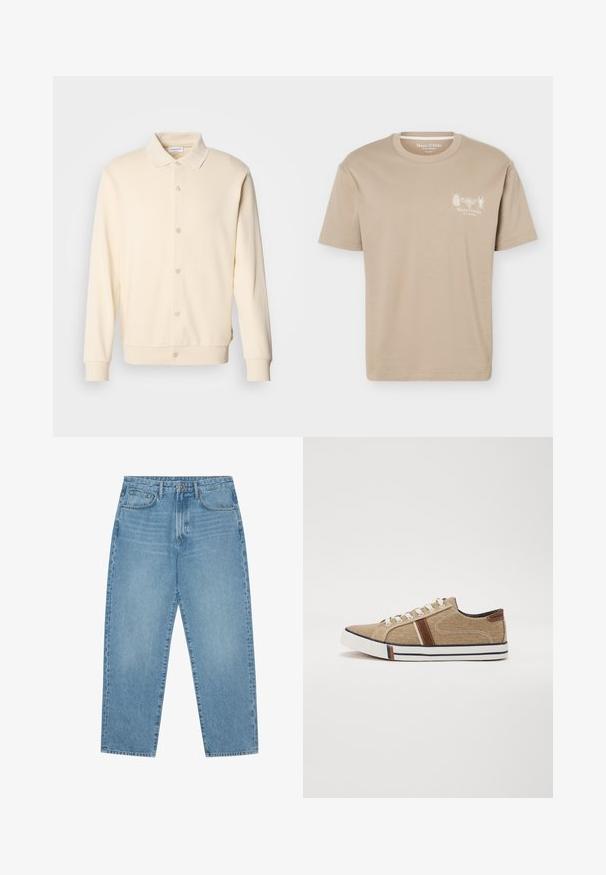 Sudadera de color crema con botones, de mangas largas, cuello tipo polo y puños de canalé. Textura suave, diseño minimalista.; Camiseta beige de manga corta con cuello redondo, con pequeños gráficos de insectos y el logo "Marc O'Polo" en el pecho izquierdo.; Pantalones vaqueros de mezclilla azul claro con corte de pierna recta, diseño de cinco bolsillos y textura ligeramente desgastada. Cuentan con cierre de botón y cremallera.; Zapatillas de lona beige con detalles en cuero marrón, suela de goma blanca y una franja contrastante en la punta. Cordonera plana y textura suave.