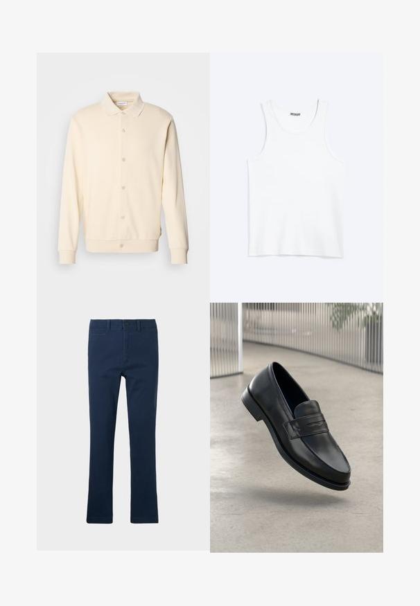 Sudadera de color crema con botones, de mangas largas, cuello tipo polo y puños de canalé. Textura suave, diseño minimalista.; Camiseta sin mangas blanca con cuello redondo y etiqueta de la marca Weekday en el interior del cuello trasero, mostrada plana sobre un fondo claro.; Pantalones de algodón azul marino con un diseño de pierna recta, que cuentan con bolsillos frontales, cierre de cremallera y un botón en la parte superior.; Mocasín de cuero negro con textura suave, punta puntiaguda y una correa decorativa a lo largo del empeine. Suela ligera, diseño minimalista.