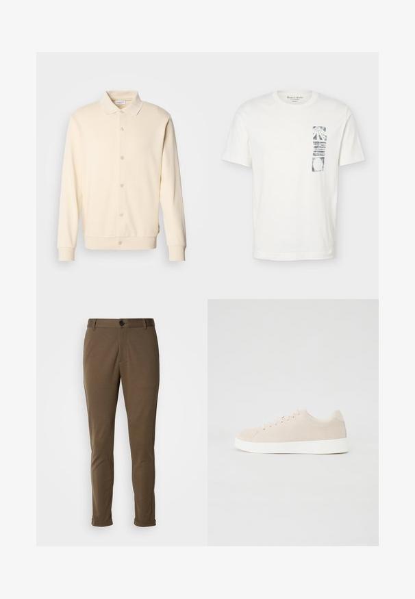 Crème-kleurige overhemdtrui met lange mouwen, een kraag en geribbelde manchetten. Gladde textuur, minimalistisch ontwerp.; Witte T-shirt met korte mouwen, ronde hals en een zwart abstract rechthoekig patroon op de linkerborst.; Bruine, op maat gemaakte broeken met een gladde textuur, voorzien van een knoopsluiting en opgerolde mouwen. Ontworpen met een slim fit en functionele zakken.; Beige suède sneakers met witte rubberen zolen, ronde neus en zes veterogen. Gladde textuur met minimalistisch ontwerp.