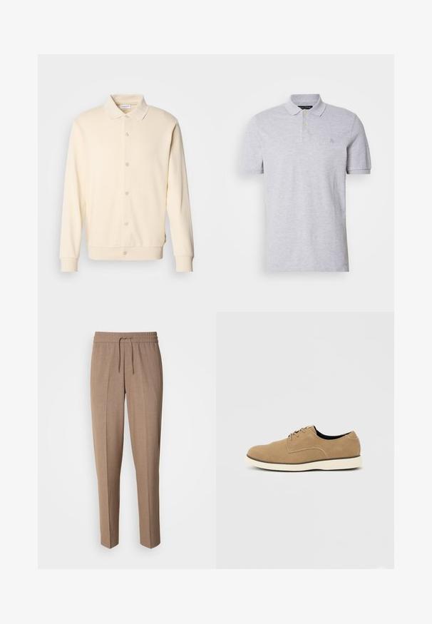Sweatshirt boutonnière couleur crème avec manches longues, col classique et poignets côtelés. Texture lisse, design minimaliste.; Polo shirt gris à manches courtes avec un col classique, doté de deux boutons dorés et d'un petit logo brodé sur la poitrine. Tissu en coton lisse.; Pantalons en tissu tissé brun, avec une coupe décontractée, taille à cordon de serrage et plis à l'avant. Jambes droites et sans poches ni éléments en métal visibles.; Chaussure à lacets en daim marron clair avec semelle blanche et coupe basse à la cheville, vue de profil sur un fond neutre.