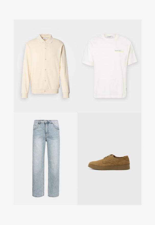 Sweatshirt boutonnière couleur crème avec manches longues, col classique et poignets côtelés. Texture lisse, design minimaliste.; T-shirt blanc à manches courtes avec un petit texte « Oyster Party Marc O’Polo Denim » en bleu et jaune sur la partie supérieure gauche de la poitrine.; Jean bleu clair à jambes droites avec poches avant, fermeture par bouton et légère décoloration sur les cuisses et les genoux.; Chaussure décontractée à lacets en daim marron avec semelle en caoutchouc plate, vue de côté sur un fond clair uni.