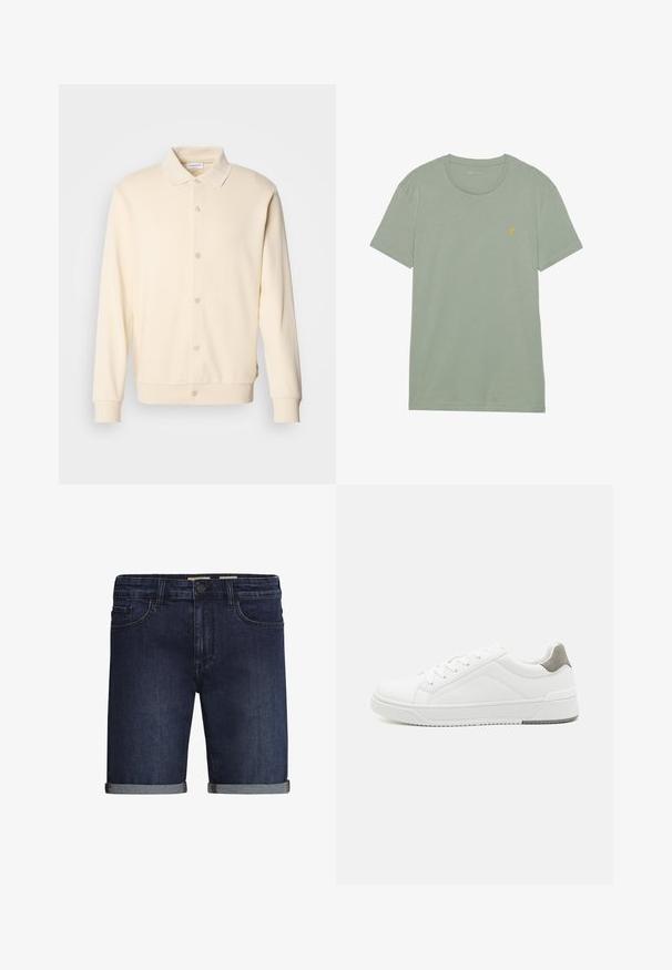 Cremfarbener, knöpfbarer Sweatshirt mit langen Ärmeln, einem geknöpften Kragen und gerippten Bündchen. Glatte Textur, minimalistisches Design.; Hellgrünes Baumwoll-T-Shirt mit Rundhalsausschnitt und kurzen Ärmeln. Besitzt ein kleines gelbes Logo auf der Brust. Glatte Textur, einfaches Design.; Dunkelblaue Denim-Shorts mit klassischem Fünf-Taschen-Design, umgeschlagenem Saum und Knopfverschluss. Glatte Textur.; Weißer Sneaker aus glattem Leder, runde Zehenpartie, minimalistisches Design, graue Fersenkante und strukturierte Gummisohle.
