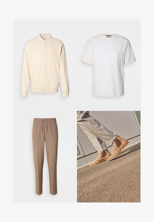 Krémová button-up mikina s dlhými rukávmi, golierom a ribovanými manžetami. Hladká textúra, minimalistický dizajn.; Biela bavlnená tričko s krátkymi rukávmi, s jemným logom v svetlej béžovej farbe na hrudi a kontrastným prešitím pozdĺž švov.; Hnedé, tkané nohavice s uvoľneným strihom, s nastaviteľným pásom a prednými skladmi. Priame nohy a bez viditeľných vreciek či kovania.; Hnedé semišové Chelsea topánky s elastickými bočnými panelmi a hladkou svetlohnedou gumovou podrážkou, v kombinácii s svetlošedými nohavicami na textúrovanom povrchu.