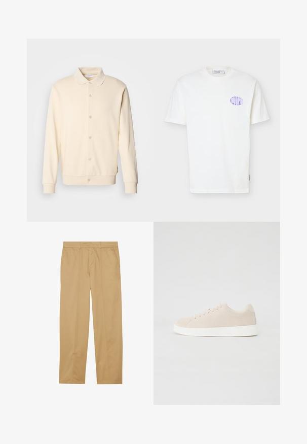 Sweatshirt boutonnière couleur crème avec manches longues, col classique et poignets côtelés. Texture lisse, design minimaliste.; T-shirt blanc à manches courtes en coton avec un logo ovale lilas sur le côté gauche de la poitrine et un col rond.; Pantalons kaki en tissu lisse, avec une coupe droite, deux poches avant et des détails de couture épurés et minimaux.; Baskets en daim beige avec semelles en caoutchouc blanc, bout rond et six œillets pour les lacets. Texture lisse avec un design minimaliste.