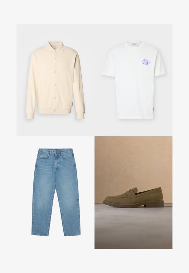 Cremefarvet button-up sweatshirt med lange ærmer, kravehals og ribbede manchetter. Glat tekstur, minimalistisk design.; Hvid kortærmet T-shirt af bomuld med lilla oval logo på venstre bryst og en rund halsudskæring.; Lyseblå denimjeans med lige ben, fem-lomme design og en let falmet struktur. Indeholder knap- og lynlåslukning.; Brun mokkalærreds loafersko svæver over et tekstureret beige tæppe i en stue med et træ sofabord og stabler af bøger.