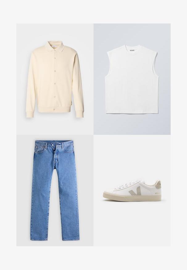 Krémová button-up mikina s dlhými rukávmi, golierom a ribovanými manžetami. Hladká textúra, minimalistický dizajn.; Biely bezrukávnik z bavlny s okrúhlym výstrihom a štruktúrovanými ramenami, na štítku na golieri označený značkou "WEEKDAY", zobrazený na svetlosivom pozadí.; Svetlomodré rifle z denimu s rovnými nohavicami, päť vreciek a zapínanie na dva gombíky. Charakterizované minimálnym vyblednutím a kontrastným prešívaním.; Biele kožené tenisky s béžovými akcentmi, plochá gumová podrážka, okrúly špička a kontrastné logo na boku a zadnej časti. S viazaním.