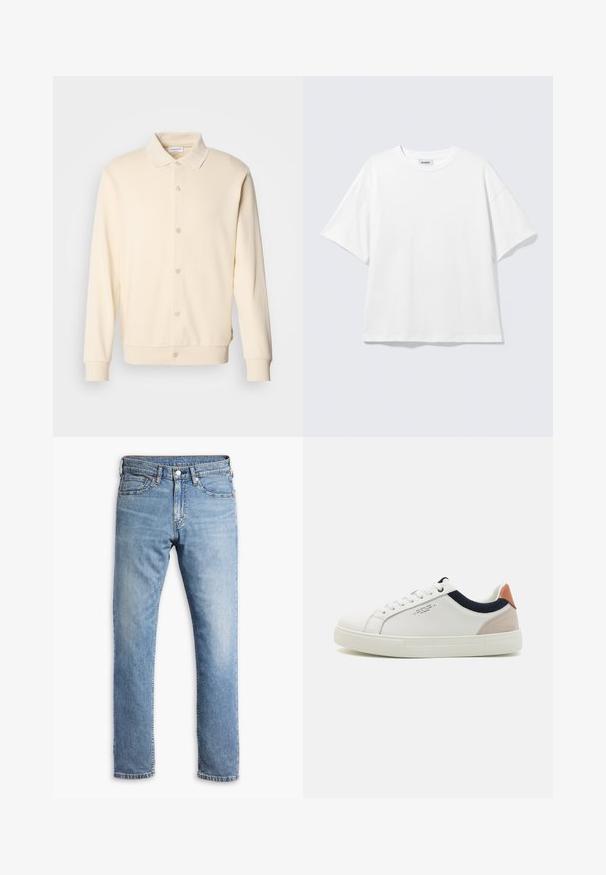 Cremefarvet button-up sweatshirt med lange ærmer, kravehals og ribbede manchetter. Glat tekstur, minimalistisk design.; Hvid oversized t-shirt med korte ærmer og rund halsudskæring med sænkede skuldre, fladt lagt på lys grå baggrund.; Lyseblå denim jeans med straight-leg design, fem lommer, kontrasterende syninger og en knap- og lynlåslukning i taljen.; Hvide lædersneakers med low-top design, marineblå stofdetalje på kraven og en lys lyserød suede hælflap. Gummisål.
