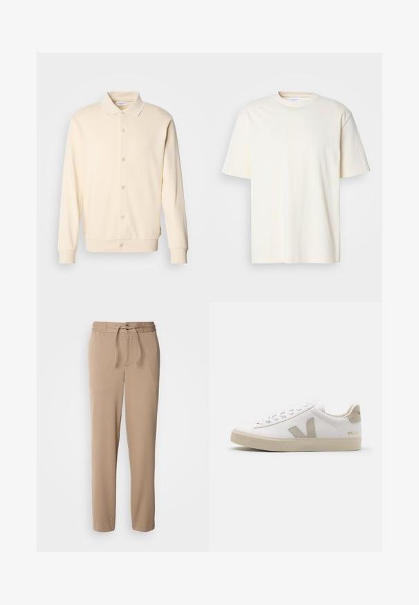 Crème-kleurige overhemdtrui met lange mouwen, een kraag en geribbelde manchetten. Gladde textuur, minimalistisch ontwerp.; Effen off-white T-shirt met korte mouwen en ronde hals, unisex ontwerp, weergegeven op een neutrale grijze achtergrond.; Beige sweatpants gemaakt van zachte katoen, met een elastische tailleband, trekkoord, slim fit en rechte benen zonder patronen.; Witte leren sneaker met beige accenten, platte rubberen zool, ronde neus en contrasterend logo aan de zijkant en achterkant. Vetersluiting.