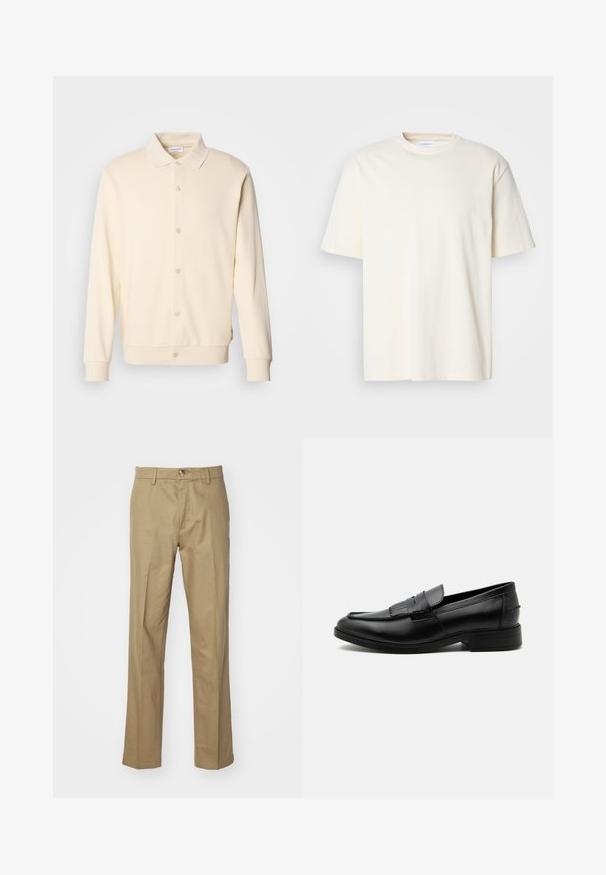 Sweatshirt boutonnière couleur crème avec manches longues, col classique et poignets côtelés. Texture lisse, design minimaliste.; T-shirt uni à col rond, à manches courtes, de couleur blanc cassé, design unisexe, présenté sur un fond gris neutre.; Pantalons beiges en tissu lisse. Design à jambe droite avec fermeture à bouton. Dispose de passants de ceinture et d'une coupe classique pour un ajustement polyvalent.; Mocassin homme en cuir noir avec détail pompon, bout arrondi, talon bas et finition polie lisse, montré de profil sur fond blanc.