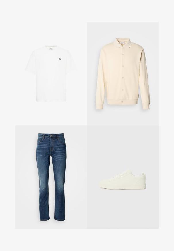 Krémová button-up mikina s dlhými rukávmi, golierom a ribovanými manžetami. Hladká textúra, minimalistický dizajn.; Biele krátke rukávy tričko s okrúhlym výstrihom a malým šedým geometrickým logom na ľavej hrudi. Vyrobené z mäkkej bavlny.; Modré džínsy s rovný strihom, so zipsovým zapínaním, päťvreckovým dizajnom a jemným opotrebovaním pre efekt noseného vzhľadu.; Biele tenisky s hladkým štruktúrovaným zvrškom, okrúhlou špičkou a tradičným šnurovaním, s minimalistickým dizajnom a gumovou podrážkou.