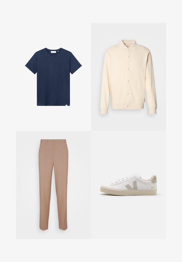 Crème-kleurige overhemdtrui met lange mouwen, een kraag en geribbelde manchetten. Gladde textuur, minimalistisch ontwerp.; Navyblauwe katoenen t-shirt met een ronde hals, korte mouwen en een klein geborduurd logo op de linkerkant van de borst. Zachte textuur.; Beige, op maat gemaakte broek van een gladde, gestructureerde stof. Rechte pasvorm met een tailleband en zonder zichtbare versieringen of zakken.; Witte leren sneaker met beige accenten, platte rubberen zool, ronde neus en contrasterend logo aan de zijkant en achterkant. Vetersluiting.