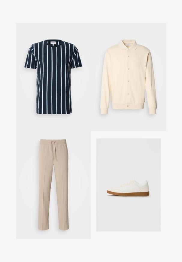 Sudadera de color crema con botones, de mangas largas, cuello tipo polo y puños de canalé. Textura suave, diseño minimalista.; Camiseta de rayas marinas con rayas blancas verticales, un cuello redondo, mangas cortas y un corte relajado. Tela de algodón suave.; Pantalones beige de corte relajado, hechos de una tela suave, con una cinturilla elástica y cordón ajustable, y piernas rectas con acentos mínimos.; Zapatilla blanca con una puntera de ante, parte superior sintética suave y suela de goma marrón. Presenta perforaciones en los laterales para mayor transpirabilidad.