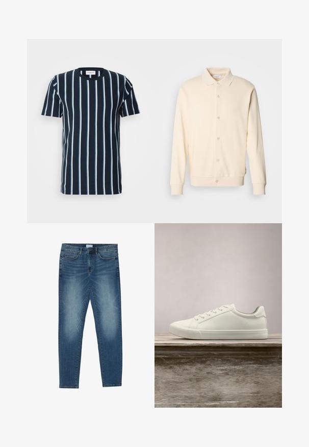 Sudadera de color crema con botones, de mangas largas, cuello tipo polo y puños de canalé. Textura suave, diseño minimalista.; Camiseta de rayas marinas con rayas blancas verticales, un cuello redondo, mangas cortas y un corte relajado. Tela de algodón suave.; Vaqueros de mezclilla en azul medio con un lavado descolorido, diseño de cinco bolsillos, corte recto y acentos cosidos. Cierre con botón y cremallera.; Zapatilla blanca con cordones flotando sobre un banco de madera con follaje verde al fondo, mostrando el diseño y la textura del zapato.