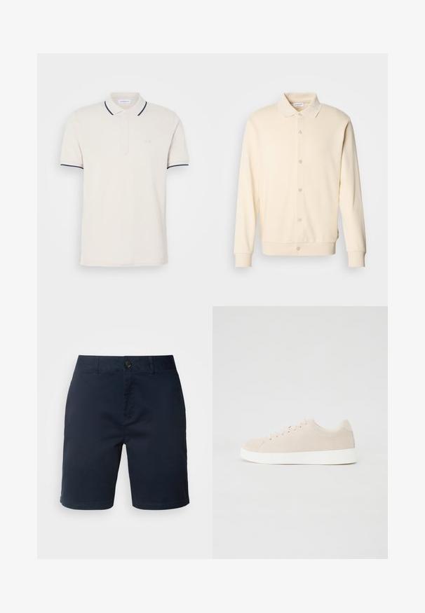 Crème-kleurige overhemdtrui met lange mouwen, een kraag en geribbelde manchetten. Gladde textuur, minimalistisch ontwerp.; Crème polo shirt met een drieknoopsluiting, korte mouwen en marineblauwe accenten op de kraag en mouwen. Zachte katoenmix stof.; Navy blauwe shorts van katoen, met een knoop- en ritssluiting, een platte voorkant en zijzakken met een gladde textuur.; Beige suède sneakers met witte rubberen zolen, ronde neus en zes veterogen. Gladde textuur met minimalistisch ontwerp.