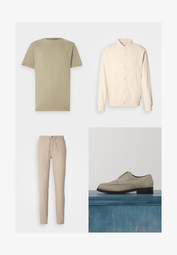 Crème-kleurige overhemdtrui met lange mouwen, een kraag en geribbelde manchetten. Gladde textuur, minimalistisch ontwerp.; Licht kaki t-shirt, korte mouwen, ronde hals, zachte textuur, gladde stof, zonder patronen of accenten, rechte snit, neutrale kleur.; Beige linnen broek met een rechte snit, elastische tailleband met trekkoord en twee zijzakken. Soepele textuur en een minimalistisch ontwerp.; Beige suède schoen met veters, ronde neus en donkerbruine zool. Heeft een soepele textuur en minimale stikseldetails.