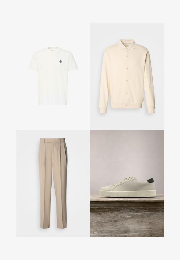 Sweatshirt boutonnière couleur crème avec manches longues, col classique et poignets côtelés. Texture lisse, design minimaliste.; T-shirt blanc à manches courtes en coton, arborant un petit logo géométrique noir sur la poitrine gauche. Coupe droite et col rond.; Pantalon beige taille haute à plis, coupe droite, avec une texture lisse et sans ornements ni motifs visibles.; Baskets blanches avec semelle texturée et détail noir au talon, flottant au-dessus d'un banc en bois avec de hautes herbes vertes en arrière-plan.