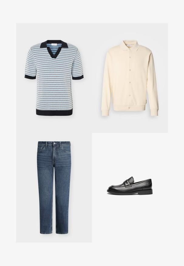 Sweatshirt boutonnière couleur crème avec manches longues, col classique et poignets côtelés. Texture lisse, design minimaliste.; Polo en maille à manches courtes avec motif géométrique bleu, blanc et noir, col noir, poignets de manches et ceinture noirs.; Jean en denim bleu à jambe droite avec bouton frontal, fermeture éclair, passants de ceinture et conception à cinq poches.; Des mocassins en cuir noir présentent un bout arrondi, une couture sur le dessus et une semelle en caoutchouc plate et basse. Texture lisse sans motifs visibles.