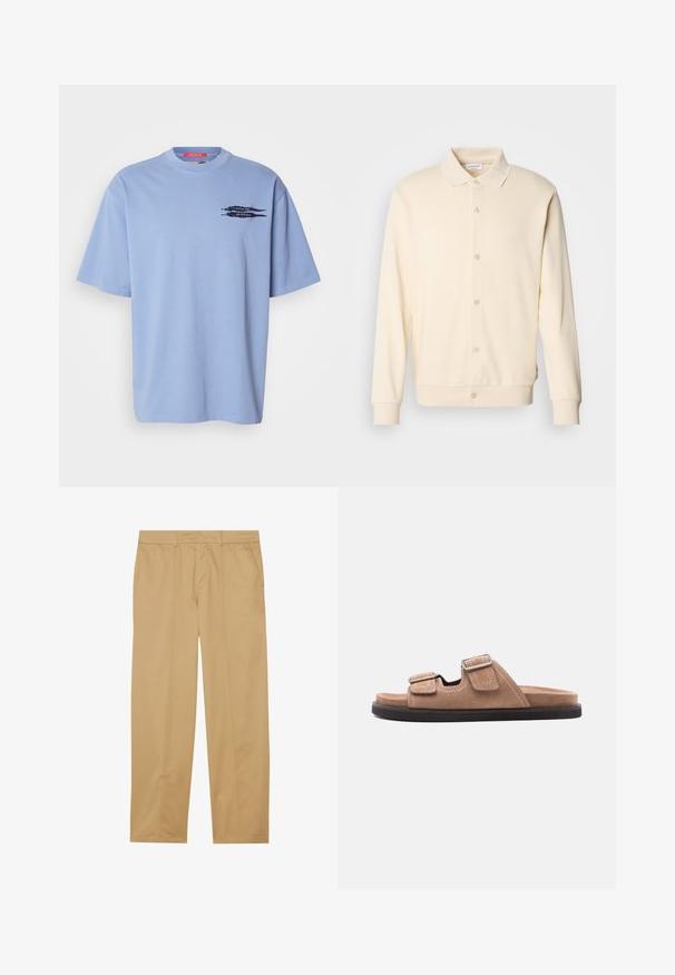 Cremefarvet button-up sweatshirt med lange ærmer, kravehals og ribbede manchetter. Glat tekstur, minimalistisk design.; Lyseblå t-shirt med korte ærmer lavet af bomuld. Har en rund halsudskæring og et sort grafisk motiv af pile på den venstre brystområde.; Khaki bukser lavet af glat stof, med lige ben-design, to forlommer og rene, minimalistiske syninger.; Brun ruskinds slidessandal med sort sål, med to justerbare remme med spænder og hvide syninger, set fra siden på hvid baggrund.