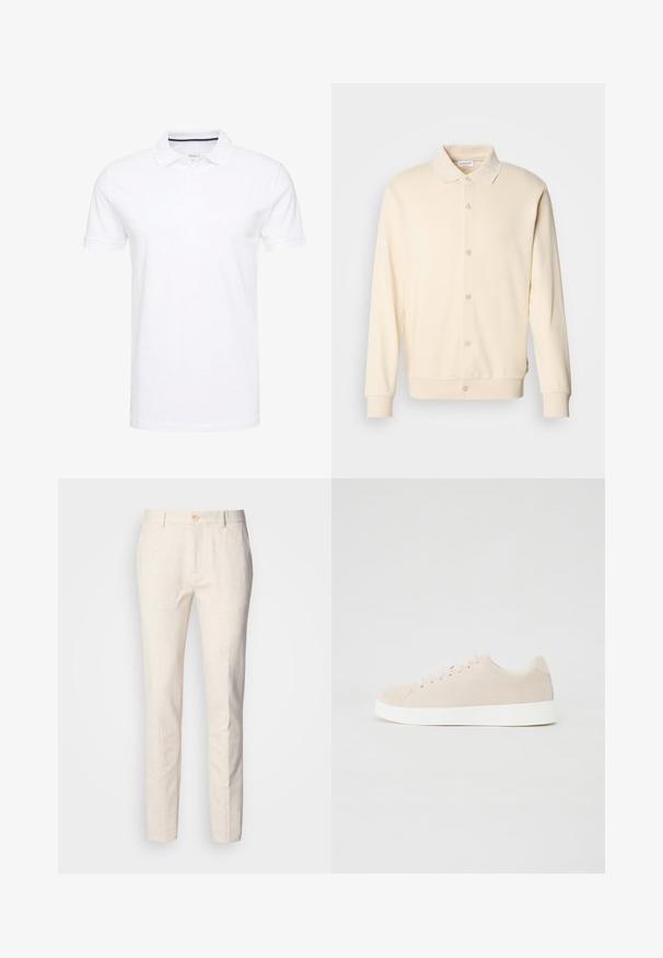 Sweatshirt boutonnière couleur crème avec manches longues, col classique et poignets côtelés. Texture lisse, design minimaliste.; Polo shirt blanc en coton, avec un col traditionnel, des manches courtes et une patte de boutonnage à trois boutons, avec des accents navy discrets à l'intérieur.; Pantalons ajustés de couleur beige clair fabriqués en tissu doux. Ils disposent d'une fermeture à bouton, de passants de ceinture et d'une coupe slim avec des jambes droites et une texture minimale.; Baskets en daim beige avec semelles en caoutchouc blanc, bout rond et six œillets pour les lacets. Texture lisse avec un design minimaliste.