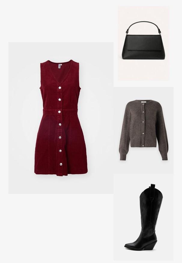 JDY JDYLUMI - Gilet - bracken; ONLY ONLMOXIE DRESS - Robe de jour - cabernet; Botte de cowboy en cuir noir avec bout pointu, talon bloc incliné, couture décorative et languettes en haut sur fond blanc.; Sac à main en cuir noir avec un rabat supérieur, une forme trapézoïdale et une seule poignée incurvée attachée par des anneaux métalliques.
