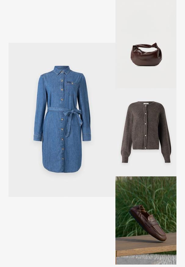 JDY JDYLUMI - Cardigan - bracken; Denim skjortekjole med lange ærmer, frontknapper, brystlomme og knyttet taljebælte i medium blå vask.; Brun læder loafer sko svæver over en træbænk med høj grøn græs baggrund i sløret fokus.; Mørkebrun læder skuldertaske med en blød, afslappet form og et snoet knudehåndtag på en ensartet hvid baggrund.