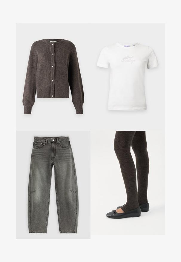 JDY JDYLUMI - Cardigan - bracken; Hvid bomulds T-shirt med korte ærmer, der har et funklende "Mixed Feelings" tekstdesign i sølv krystaller på forsiden.; Højtaljede gråvaskede denimjeans med fem lommer, knaplukning og en afslappet lige pasform.; Ben iført mørke ribbede leggings kombineret med sorte balletsko med små sløjfedetaljer på hvid baggrund.