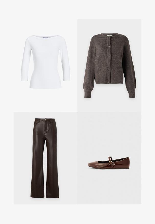JDY JDYLUMI - Vest - bracken; Witte geribbelde longsleeve top met een bootnek. De stof is soepel, aansluitend en heeft een nette afwerking bij de mouwen en de zoom.; Vero Moda Wide-leg VMTESSA High rise - Broek - chocolate torte; Bruine gepatineerde leren balletschoen met een vierkante neus en een bandje met een kleine gouden gesp. Gladde textuur, lage hak en minimalistisch ontwerp.