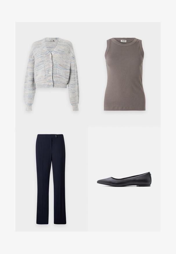DRYKORN COOPIE - Gilet - blue; Débardeur gris côtelé avec un col rond et un design sans manches, fabriqué à partir d'un tissu doux et texturé. Silhouette simple et ajustée.; Pantalons ajustés bleu marine en tissu lisse, présentant un devant plat, des jambes droites et une subtile touche argentée à la taille.; Chaussure plate en cuir noire à bout pointu avec petit talon, vue de profil sur fond blanc.