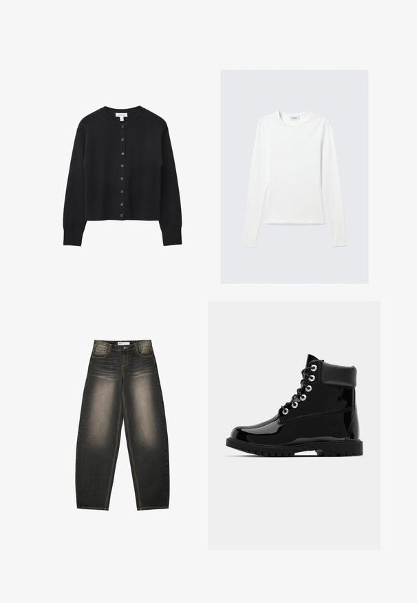 Schwarze, kurze Strickjacke aus weichem Strickmaterial, mit Rundhals, Knopfverschluss vorne und gerippten Bündchen und Saum.; Langärmliges, schlichtes weißes Rundhals-Shirt mit schlanker Passform, dargestellt vor einem hellgrauen Hintergrund.; Graue Denim-Jeans mit weitem Bein und leichter Ausbleichung, fünf Taschen, kontrastierenden Nähten und einer lockeren Passform. Keine sichtbaren Muster oder Verzierungen.; Schwarze, glänzende Knöchelstiefel mit einer glatten Lackleder-Oberfläche, runder Zehenform, Schnürung mit sechs Ösen und einer robusten Gummisohle.