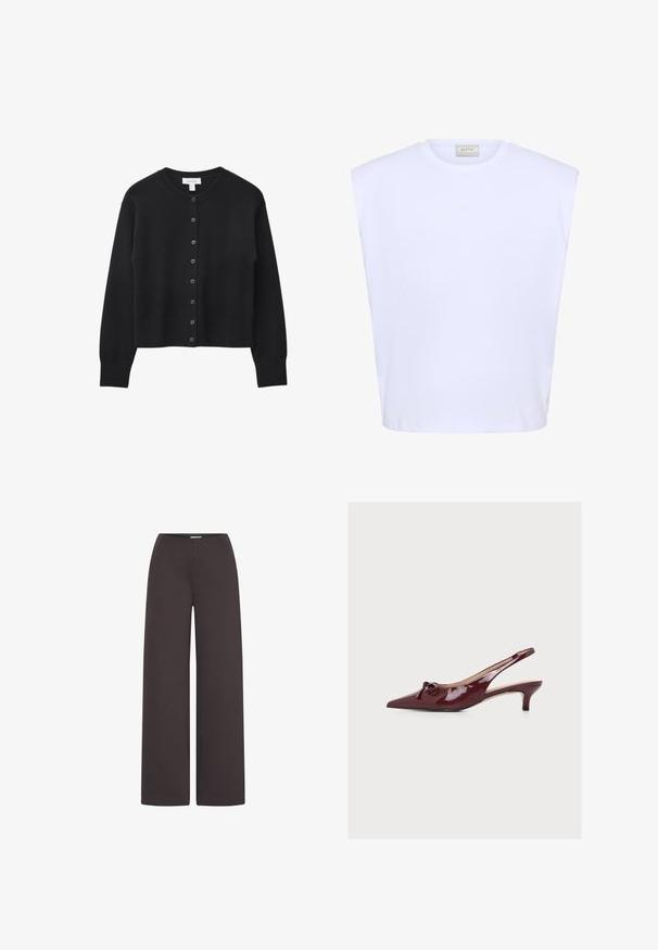 Sort cropped cardigan lavet af blødt strikstof, med rund halsudskæring, knaplukning foran, og ribbede manchetter og kant.; Hvid ærmeløs top med strukturerede skuldre, rund halsudskæring og subtilt præget logo foran i midten.; ICHI IHKATE WIDE PA2 - Bukser - chocolate torte; Burgunderrød laklæder slingback kitten heel sko med spids tå og dekorativ sløjfe foran.
