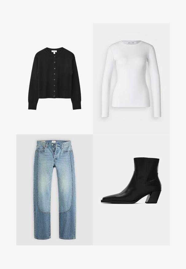 Zwarte cropped cardigan van zachte gebreide stof, met een ronde halslijn, knoopsluiting aan de voorkant en geribde manchetten en zoom.; Witte longsleeve shirt van ribstof, met een ronde halslijn en een getailleerde vorm. Er zijn geen patronen of accenten aanwezig.; Lichtblauwe denim jeans met een rechte, losse pasvorm, voorzien van contrasterende paneeldetails en een vijf-pocket ontwerp. Knopen vloogsluiting.; Zwarte leren enkelboot met een spitse neus, een slanke silhoeet en een chunky vierkante hak. Gladde textuur met minimale stikdetails.
