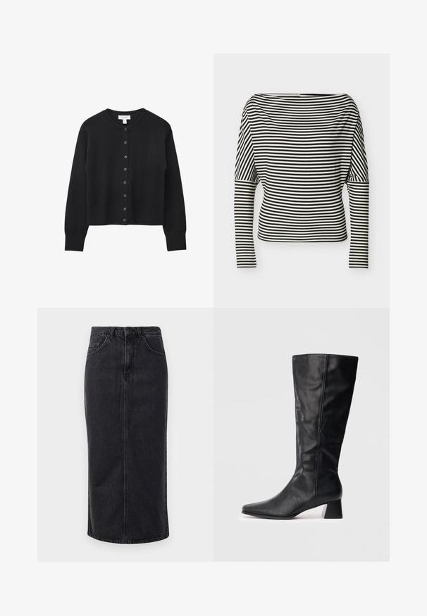 Sort cropped cardigan lavet af blødt strikstof, med rund halsudskæring, knaplukning foran, og ribbede manchetter og kant.; Sort-hvid, vandret striped langærmet top med bådudskæring og tætsiddende ærmer på en ensfarvet baggrund.; Sort denim midi-nederdel med lige skæring, fem-lommer design og knaplukning. Har en rå kant og en subtil falmet tekstur.; Sort læderstøvle til midt på læggen med spids tå og blokhæl på ensfarvet lys baggrund.
