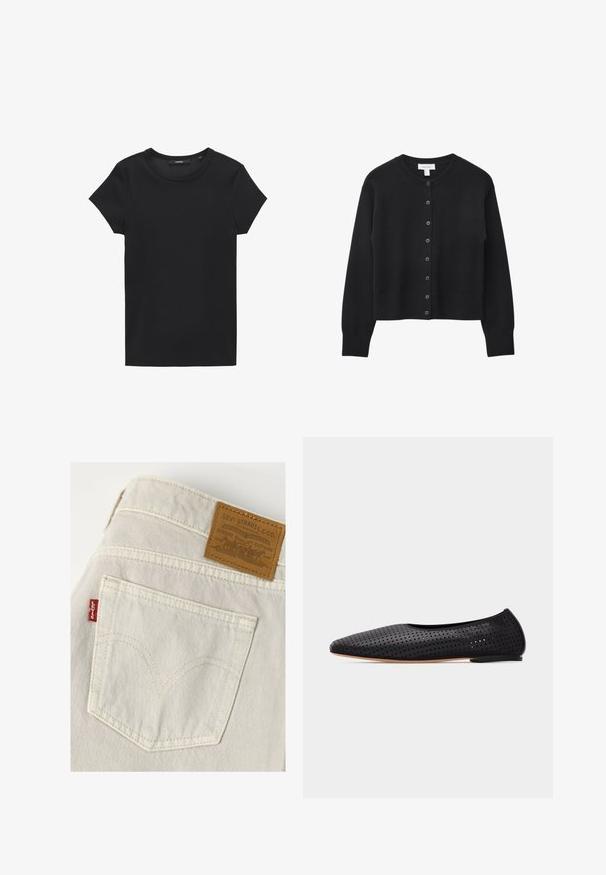 Zwarte cropped cardigan van zachte gebreide stof, met een ronde halslijn, knoopsluiting aan de voorkant en geribde manchetten en zoom.; Zwarte t-shirt met korte mouwen van ribstof. Heeft een ronde halslijn en een eenvoudige, rechte snit. Minimalistisch ontwerp zonder versieringen.; Achterzak van lichtgekleurde Levi's spijkerbroek met zichtbare stiksels, rode Levi's label en bruine leren Levi Strauss & Co. merklabel.; Zwarte ballerinas van geperforeerd leer met spitse neus en lage hak, zijaanzicht op een witte achtergrond.