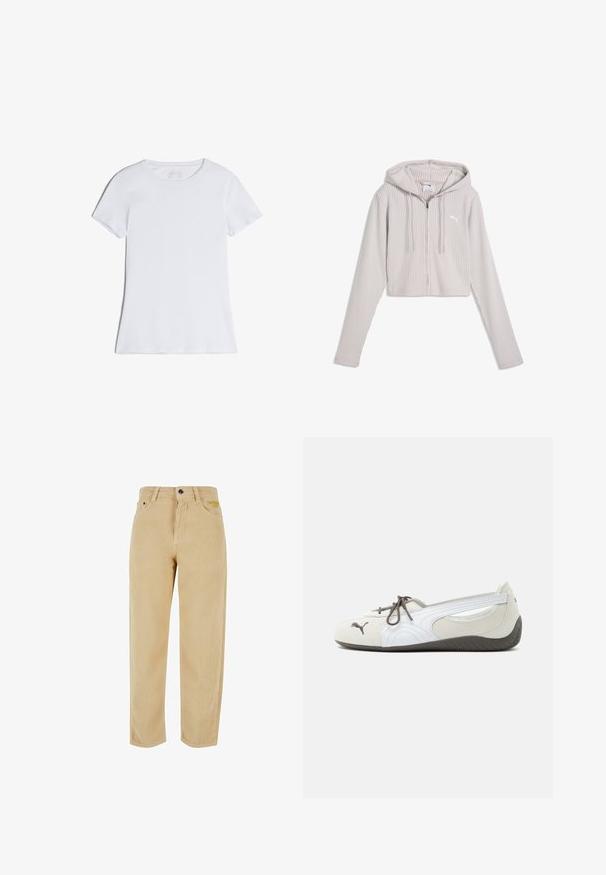 Sudadera con capucha en gris claro con cremallera, de canalé, mangas largas, cordones y un pequeño logo de Puma en el pecho.; Camiseta blanca lisa de manga corta con cuello redondo, extendida y sin patrones ni logotipos visibles.; Pantalones de pana beige con rayas verticales, con un diseño de pierna recta, cinco bolsillos, un botón de metal negro y un detalle de logo bordado.; Zapatilla blanca y gris tipo slip-on con cordones marrones, logo de Puma en la parte frontal y suela oscura texturizada, mostrada de perfil sobre fondo blanco.