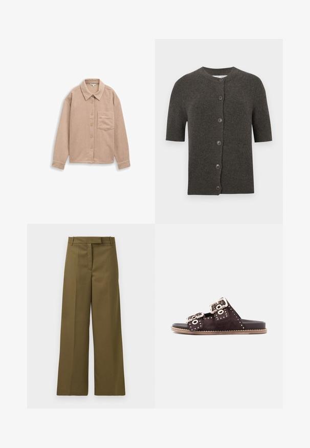 Kortærmet mørkegrå cardigan lavet af blød uld med rund halsudskæring og seks brune knapper foran. Glat tekstur.; Beige corduroy skjortejakke med krave, fem-knaps lukning og en enkelt brystlomme. Blød tekstur med lodret ribb.; Olivenfarvede bukser med vidde i benene i struktureret stof, med flad front, bæltestropper og sidelommer, der har en skræddersyet pasform og rene linjer.; Brune suedine sandaler med dobbelte spænder, dekorative nitter, flad sål og minimalistisk design; lukket hæl og åben tå for nem påtagning.