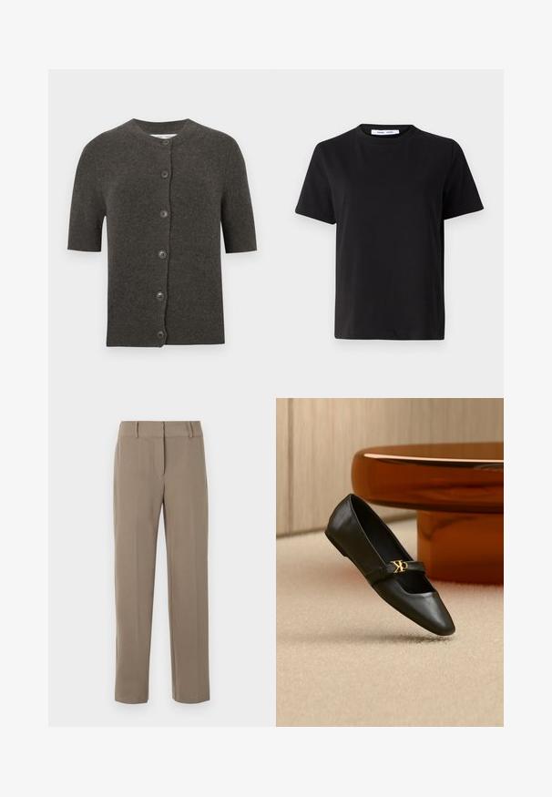 Cárdigan de manga corta, gris oscuro, hecho de lana suave, con escote redondo y seis botones marrones en la parte delantera. Textura suave.; Camiseta negra de manga corta hecha de algodón suave, con un cuello redondo, corte relajado y una textura lisa. Sin patrones ni gráficos visibles.; Pantalones caqui de pierna recta con trabillas para cinturón y cierre frontal de cremallera sobre fondo blanco.; Zapato plano de cuero negro con puntera puntiaguda y logo dorado de CK en la correa, colocado sobre una alfombra beige cerca de una mesa redonda marrón ámbar.