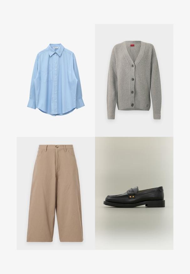 Cardigan gris à texture côtelée, col en V et cinq boutons. Manches longues et ourlet droit. Design simple, matériau doux.; Chemise bleu clair à manches longues avec col pointu et poche poitrine gauche, présentée à plat sur un fond blanc.; Pantalons larges kaki en coton, dotés d'une taille haute, de poches frontales et d'une fermeture à bouton unique. Texture lisse et coupe droite.; Mocassin pour homme en cuir noir avec couture moc toe, bride décorative avec deux clous dorés et petit talon empilé sur fond neutre.