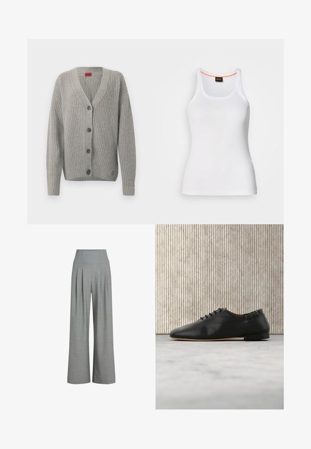 Cardigan gris à texture côtelée, col en V et cinq boutons. Manches longues et ourlet droit. Design simple, matériau doux.; Débardeur blanc côtelé avec un col rond, présentant un design à bretelles étroites et un accent orange le long de l'intérieur du col. Logo de la marque affiché.; Pantalons larges plissés gris avec une taille haute, fabriqués à partir d'un tissu texturé, présentant une finition lisse et des lignes épurées.; Chaussure plate en cuir noir à lacets, bout arrondi et petit talon, vue de profil droit sur un fond clair.