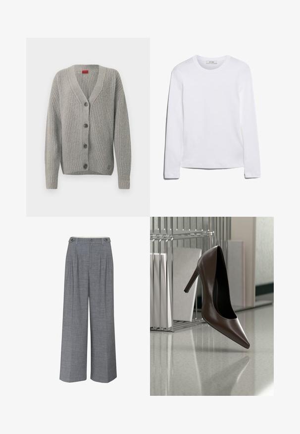 Cárdigan gris con textura acanalada, cuello en V y cinco botones. Presenta mangas largas y un dobladillo recto. Diseño sencillo, material suave.; Camiseta de manga larga blanca hecha de algodón acanalado, con un cuello redondo y un dobladillo recto. Diseño simple sin patrones ni acentos.; Pantalones de pierna ancha gris, confeccionados en un tejido texturizado, con un cierre de doble botón y pliegues frontales que añaden un detalle de diseño adicional.; Zapato de cuero marrón oscuro con tacón alto flotando sobre un suelo reflectante junto a un estante metálico con paneles blancos en una habitación.