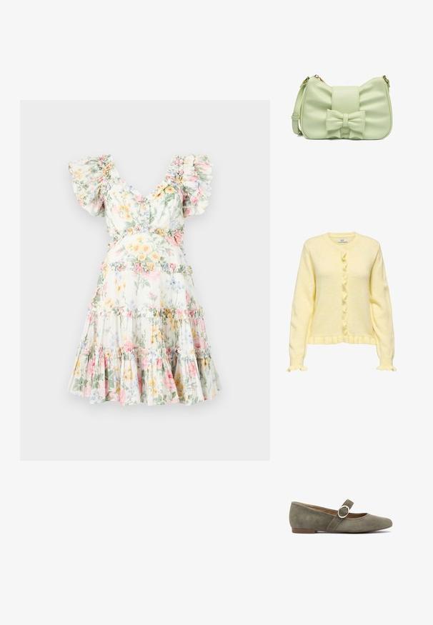 Weicher, gelber Langarm-Cardigan mit rundem Ausschnitt, Knopfleiste vorne und gerafften Kanten an Bündchen und Saum.; Blumenkleid aus leichtem Stoff, mit Rüschärmeln, tiefem V-Ausschnitt und gestuftem Rock, verziert mit pastellfarbenen Blumen und passenden Rüschendetails.; Grüne Wildleder-Ballerinas mit abgerundetem Zehenbereich, einem dünnen Riemen mit silbernem Ringdetail und einem niedrigen braunen Absatz.; Kleine, hellgrüne Handtasche mit einer Schleifendetail auf der Vorderseite und einem verstellbaren Schulterriemen, dargestellt vor weißem Hintergrund.