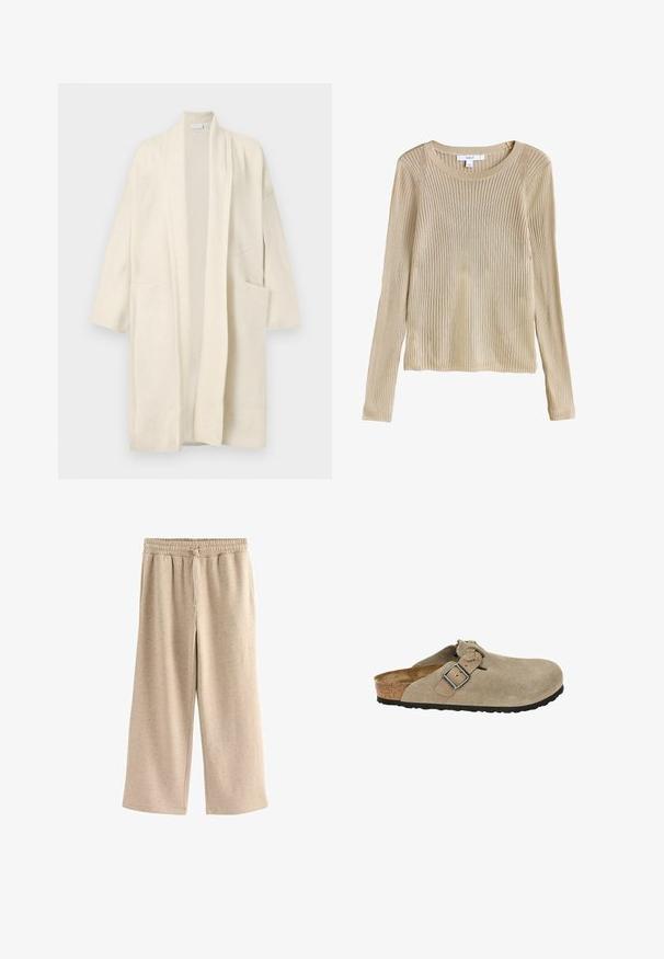 Lange crèmekleurige cardigan met open voorkant, voorzien van twee voorkruiszakken en brede revers, weergegeven op een witte achtergrond.; Beige geribbelde lange mouw gebreide trui met ronde hals en slim fit, plat weergegeven met label zichtbaar bij de kraag.; Beige wijde broek gemaakt van zachte stof, met een elastische tailleband met een trekkoord en een subtiele gespikkelde textuur.; Beige suède klompen met een ronde neus, verstelbare band en gesp, kurken tussenzool en een gestructureerde zwarte rubberen zool voor voldoende grip.