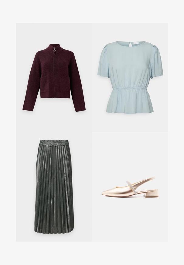 Tmavofialová zipová mikina s vysokým golierom, zipsom na krúžku, dlhými rukávmi a dvoma prednými vreckami na bielom pozadí.; VILA Petite VITRINE O NECK PEPLUM - Blúzka - kentucky blue; Metalická zelená plisovaná sukňa s elastickým pásom. Obsahuje úzke, vertikálne plisovanie a strednú dĺžku, čím vytvára štruktúrovanú siluetu.; Zlatá topánka s otvorenou pätou, špičkou došpičatou, nízkym hrubým opätkom a jedným zdobeným remienkom cez hornú časť.