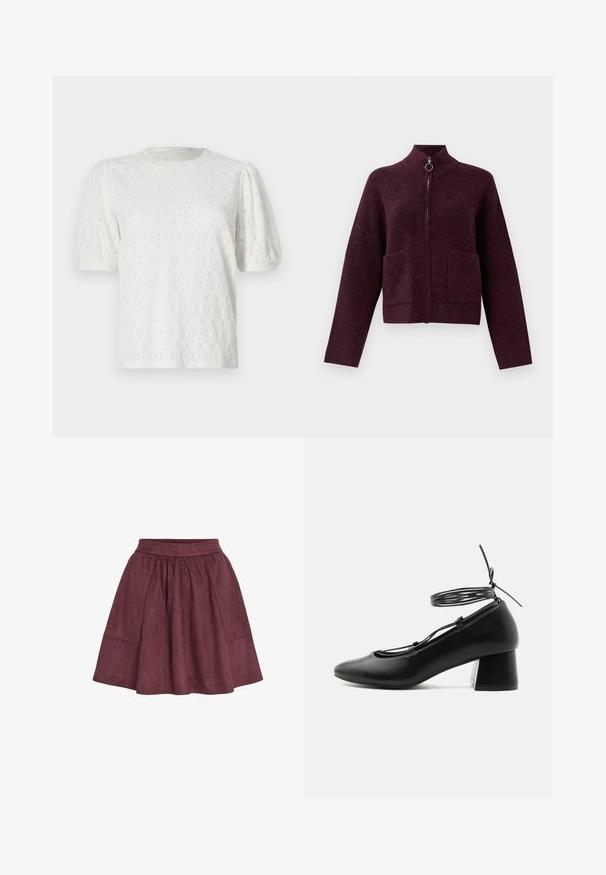 Sweater zippé violet foncé avec col montant, fermeture éclair avec anneau de tirage, manches longues et deux poches à rabat à l'avant sur un fond blanc.; Haut blanc à manches courtes avec des manches bouffantes, motif floral texturé et col rond. Fabriqué à partir d'un tissu léger.; Jupe en daim bordeaux avec une forme évasée, une taille élastique et deux poches latérales, présentant une texture douce et un design minimaliste.; Chaussure en cuir noir à talon moyen, bout pointu, brides croisées et lien de cheville autour sur fond blanc.